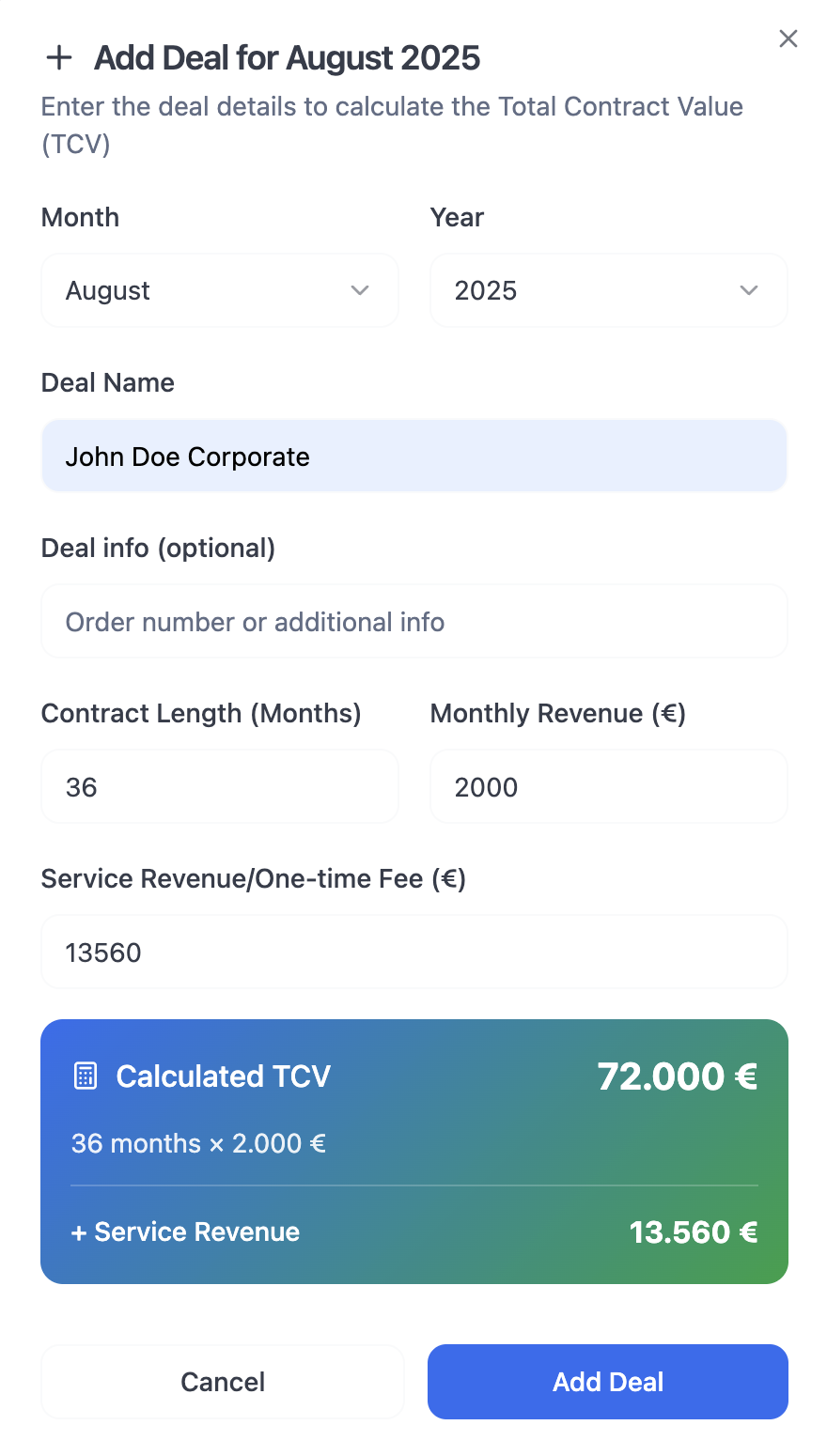 Add deals in QuotaIQ dashboard